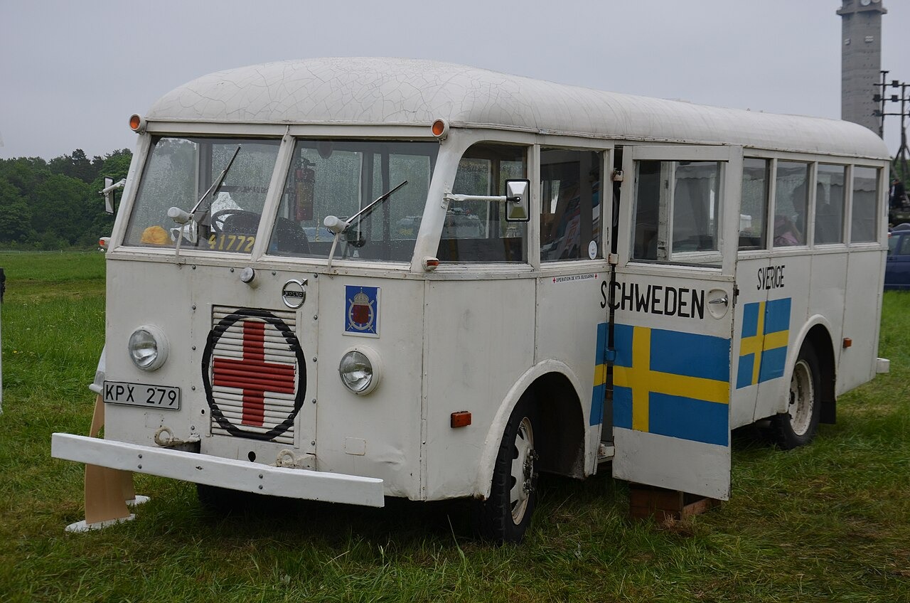 File photo: File photograph of a white bus used in the Folke Bernadotte refugee evacuation expeditions to Germany in spring 1945. Illustrative context; not a photograph of the reported event.