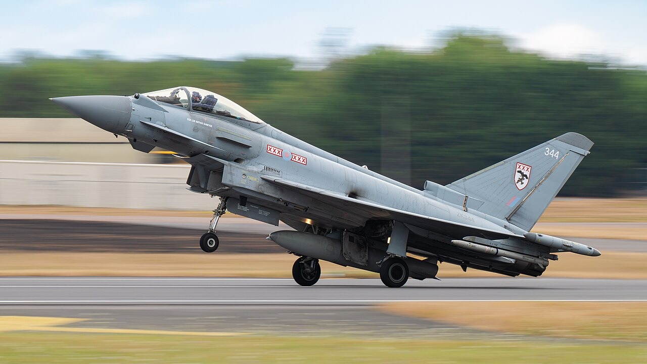 File photo: File photo of a Royal Air Force Eurofighter Typhoon FGR.4 taking off at the Royal International Air Tattoo in 2025. Illustrative context; not a photograph of the reported event.